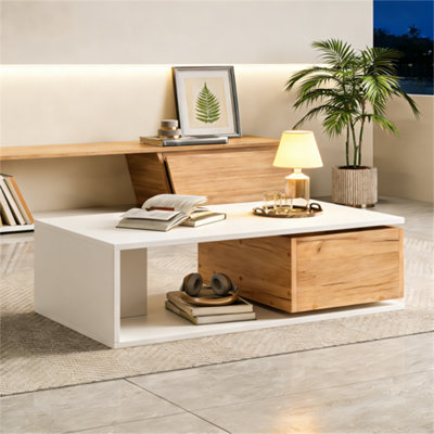 Abrihome Coffee Table With 360 Degree Rotating Drawer Highgloss Centre Table With 1 DrawersSpace-Saving End Table,tea TableWhite+Wood from B&Q
