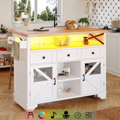 Abrihome Multifunctional Mobile Kitchen Island CartWith App-Controlled LedDrop-Leaf Table3 Drawers & 2 DoorsBar SideboardWhite from B&Q