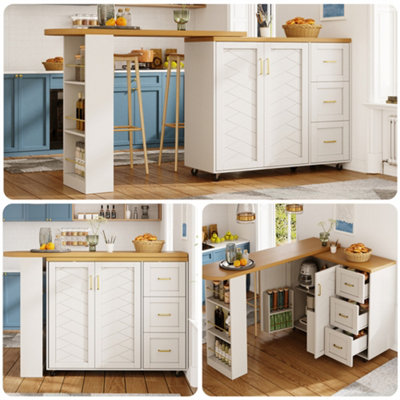 Abrihome Extendable Bar Cart With 2 Doors & 3 Drawers (135-228 X 39 X 104 Cm)RollableHome Bar In WhiteWorktop In Wood Look from B&Q