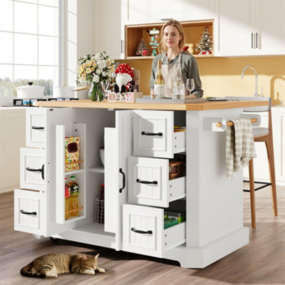 Abrihome Mobile Kitchen Island Cart On WheelsCabinet With 2 Doors & 6 DrawersAdjustable Width 45-75CmWhite/black from B&Q