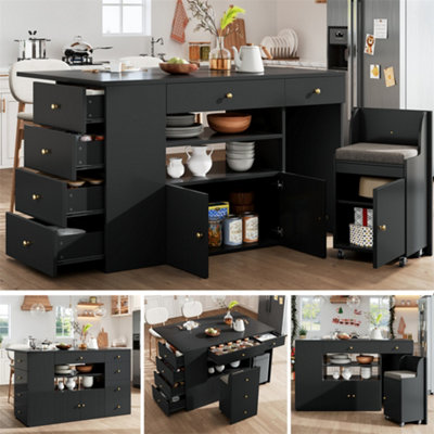 Abrihome Adjustable Kitchen Island With Bar StoolsSideboard & Cabinet With 6 DrawersWidth 140-70CmWhite/black from B&Q