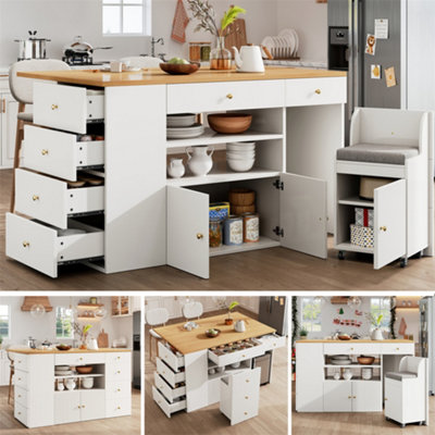 Abrihome Adjustable Kitchen Island With Bar StoolsSideboard & Cabinet With 6 DrawersWidth 140-70CmWhite/black from B&Q