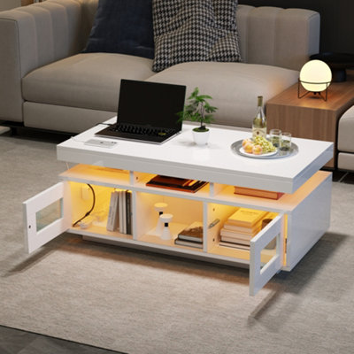 Abrihome High Gloss Coffee Table With Led LightsUsb Ports+SocketsCentre Table With 2 DoorsSpace-Saving End Table100X50X43CmWhite from B&Q