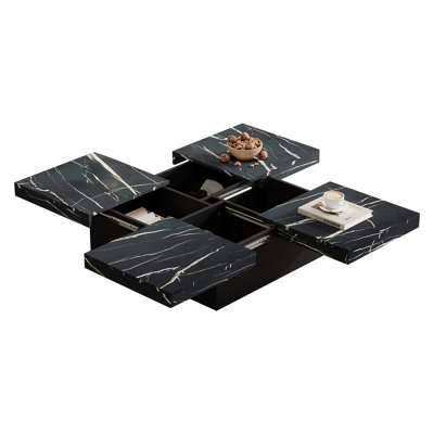 Abrihome Modern Square Marble Look Coffee Table With 4 Sliding Drawers90X90X25CmBlack from B&Q