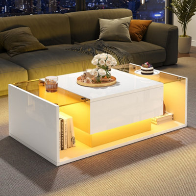Abrihome High Gloss Coffee Table With Open Storage1 DrawerLed Lights Coffee End Table For Living RoomOffice100X50X31CmWhite from B&Q