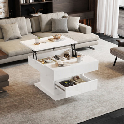 Abrihome 360-Degree Rotating Coffee TableHigh-Gloss Height-Adjustable Coffee Table With 1 Drawer70X70X45 CmWhite from B&Q