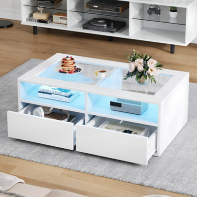 Abrihome Coffee Table With 2 Drawers & Led LightsModern White Centre Table With Glass Top100X50X35Cm from B&Q