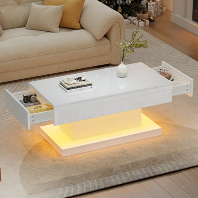 Abrihome High-Gloss Coffee Table With 2 DrawersLed LightsModern Centre TableTea Table For Living RoomOffice100X50X45CmWhite from B&Q