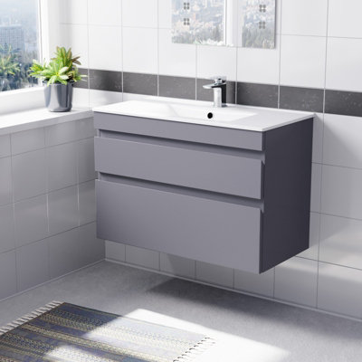 B&Q -  800mm Grey Wall Hung 2 Drawers Handleless Slim Basin Vanity Unit
