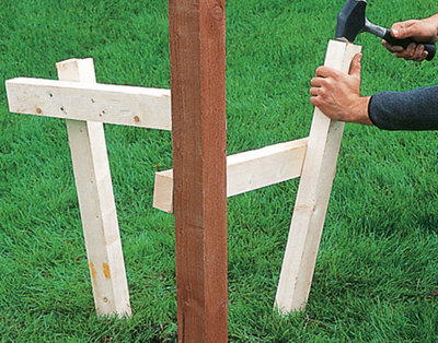 Person using a hammer to drive a wooden stake into the ground. The vertical stake is attached to a horizontal piece of timber that is supporting a fence post.