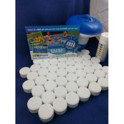 B&Q -  50X20G Chlorine Tablets Pool Hottub Spa Dispenser Test Strips Full Kit