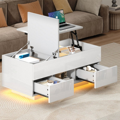 B&Q -  Lift Top Coffee Table High Gloss Centre Table With 2 Drawers And Led Lights,space Saving Lifting Side Table For Living Room Office