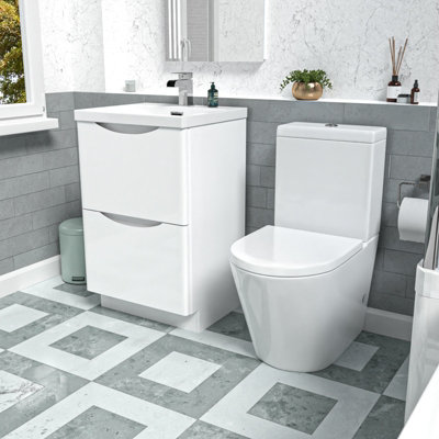 Nes Home White 500mm Basin Vanity Unit And Rimless Close Coupled Toilet from B&Q