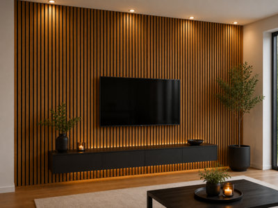  - Acoustic Slat Wall Panels In Teak Oak 60 X 240Cm Pack Of 4 Slatted Decorative Panels Covers 5.76M²