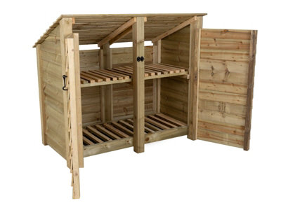 Arbor Garden Solutions Wooden Log Store (Roof Sloping Back) With Door And Kindling Shelf W-146CmH-126CmD-88CmNatural (Light Green) Finish from B&Q