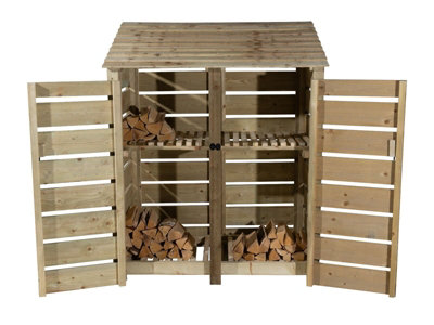 Arbor Garden Solutions Slatted Wooden Log Store With Door And Kindling Shelf W-146CmH-180CmD-88CmNatural (Light Green) Finish from B&Q