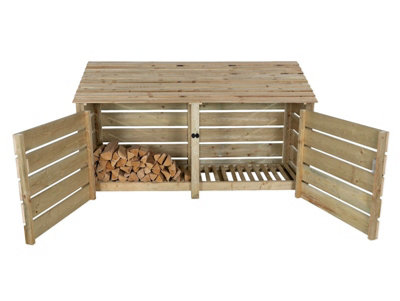 Arbor Garden Solutions Slatted Wooden Log Store With Door W-227CmH-126CmD-88CmNatural (Light Green) Finish from B&Q