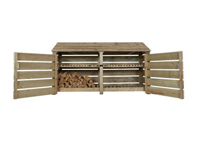 Arbor Garden Solutions Slatted Wooden Log Store With Door And Kindling Shelf W-227CmH-126CmD-88CmNatural (Light Green) Finish from B&Q