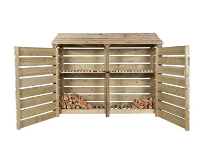 Arbor Garden Solutions Slatted Wooden Log Store With Door And Kindling Shelf W-227CmH-180CmD-88CmNatural (Light Green) Finish from B&Q