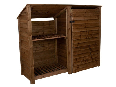 Arbor Garden Solutions Wooden Tool And Log Store (Roof Sloping Back)Garden Storage With Shelf W-227CmH-180CmD-88CmBrown Finish from B&Q