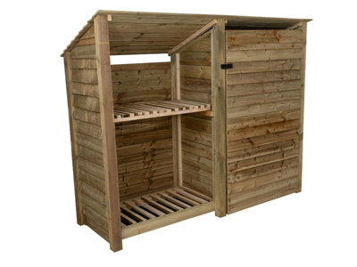 Arbor Garden Solutions Wooden Tool And Log Store (Roof Sloping Back)Garden Storage With Shelf W-227CmH-180CmD-88CmNatural (Light Green) Finish from B&Q