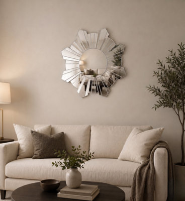Biznest Contemporary Large Round Sunburst Wall Mirror 65Cm Silver from B&Q