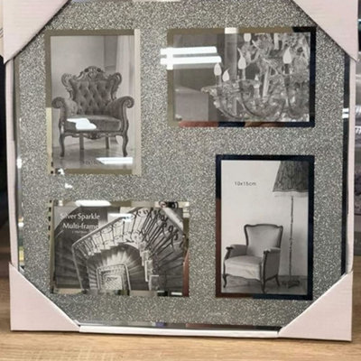 Biznest Aperture 4 Picture Photo Frame Hold 4 Picture Silver Mirrored Crushed Jewel Crystal Diamante 6X4 Inches from B&Q