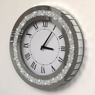 Biznest Large Round Crushed Mirror Jewel Wall Clock Black Needles Roman Number Diamante Glass Silver (35X35Cm) from B&Q