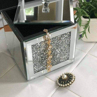 Biznest Silver Crushed Diamante Mirrored Glass Jewellery Box Black Velvet Inlay Trinket Box 11X10 Cm from B&Q