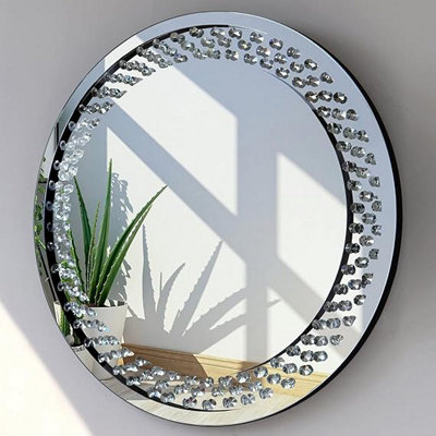 B&Q -  Large Floating Jewelled Round Wall Mirror Floating Diamante Glitz Clear Jewelled 60Cm