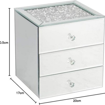 Biznest Silver Crushed Diamante Mirrored Glass Jewellery Box Eye Catching Design Storage Box 3 Drawers from B&Q
