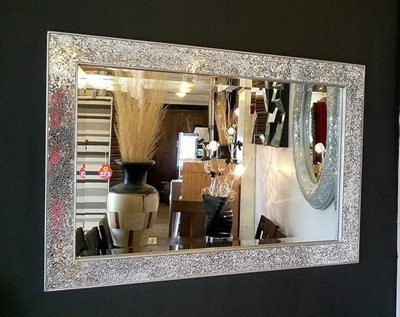 Biznest Large Crackle Design Wall Mirror Bevelled Edge Silver Frame Mosaic Glass 90X60Cm New Home Decor Gift from B&Q