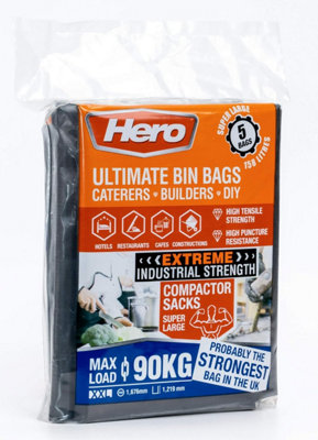 Hero Ultimate 158L Heavy Duty Bin Bags  5 X 90Kg Waste Rubbish Bags IndustrialCommercialGarden Extra Large Refuse Sacks from B&Q