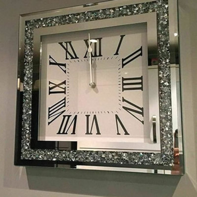 Deenz Square Loose Diamante Mirrored Wall Clock Crushed Jewel Roman Number Glass Clock 35Cm from B&Q