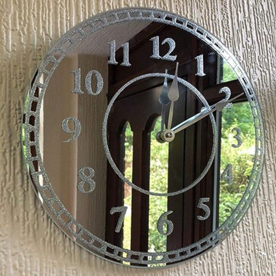 Deenz Silver Round Sparkle Glitter Mirrored English Number Wall Clock 35Cm