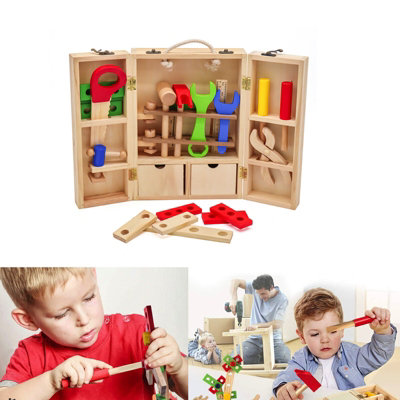 B&Q -  Wooden Tool Box Carrycase For Kids 35-Piece Pretend Diy Role Play Construction Toy Set Educational Gift Age 3+ Boys Girls