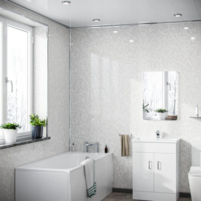 Nes Home Pvc Cladding Shower Panel 2400 X 1000 X 10mm Grey Shine White Pearlescent from B&Q
