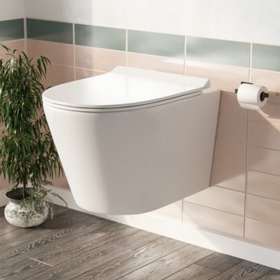 Nes Home Elliss Rimless Wall Hung Toilet Pan + Soft Close Toilet Seat from B&Q