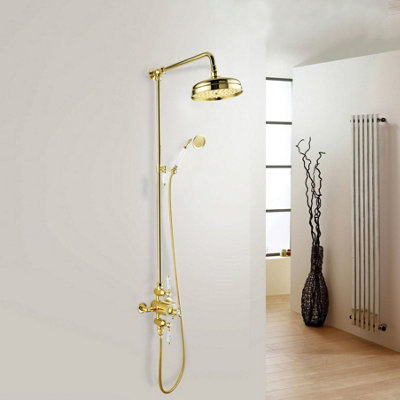 Nes Home Enora Traditional Exposed Thermostatic ValveRiser Rail & Round Handset Gold from B&Q