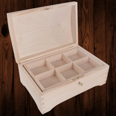 Woodeedoo Wooden Treasure Chest With Key Lock And 6 Compartments Inner Tray Storage Holder For Jewellery Keepsakes 30X20X13Cm from B&Q