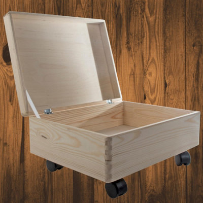 Woodeedoo Large Shallow Wooden Underbed Storage Box On Wheels Hinged Lid Unfinished Pine Craft Keepsake Crate Organiser 40X30X19Cm from B&Q