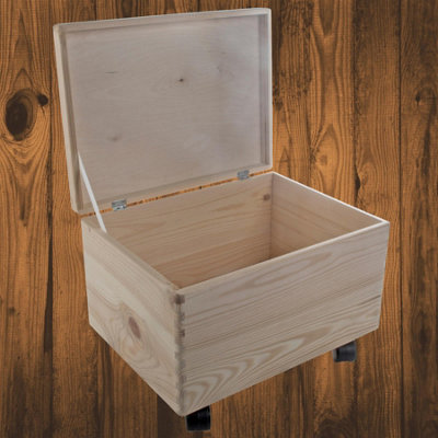 Woodeedoo Large Deep Wooden Storage Box On Wheels Hinged Lid Unfinished Pine Craft Keepsake Crate For Organisation 40 X 30 X 28 Cm from B&Q