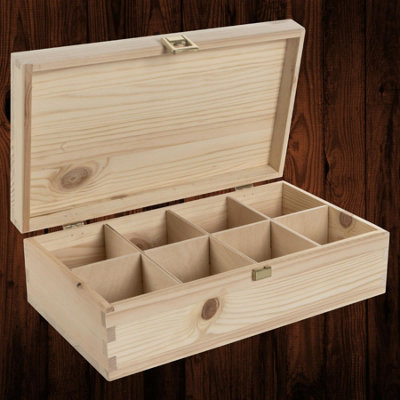Woodeedoo Large Rectangular Pinewood Box With 8 Compartments And Gold Clasp For Tea Storage Gifts Or Diy Crafts 28 X 16 X 8.5 Cm from B&Q