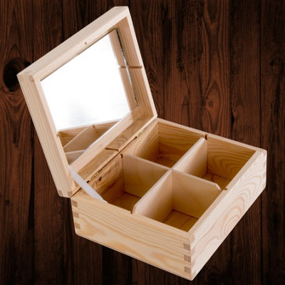 Woodeedoo Wooden Makeup And Jewellery Storage Box With Mirror And 4 Compartments Holder For Treasures Keepsakes 18X16.5X8Cm from B&Q