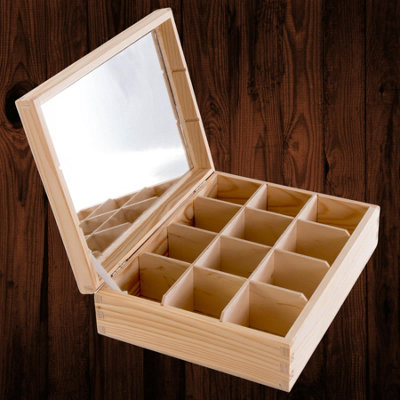 Woodeedoo Wooden Organiser Box With Mirror And 12 Compartments Holder For Makeup Trinkets Jewellery Treasures 28.5X22.5X8Cm from B&Q