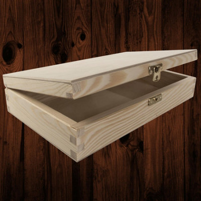 B&Q -  Shallow Wooden Gift Box With Clasp And Hinged Lid Plain Pine Storage Crafts Jewellery Keepsakes Diy Case 25 X 15 X 5 Cm - Image 3