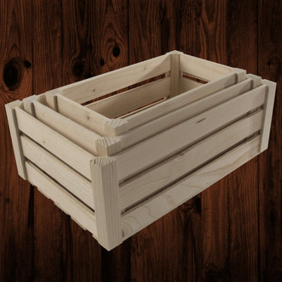 Woodeedoo Set Of 3 Nesting Wooden Crate Storage Boxes Decorative Display Hampers Slatted Unfinished Pine Paint Varnish Stain from B&Q