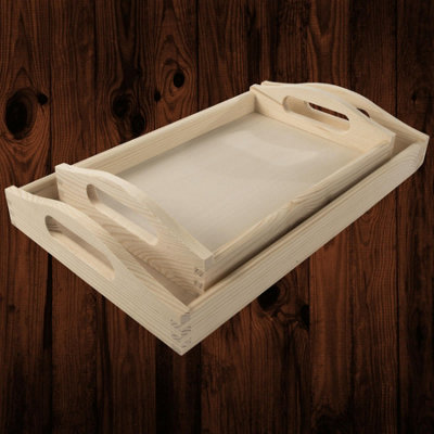 Woodeedoo Set Of 2 Nesting Wooden Trays With Curved Handles In Unfinished Pine For Serving Or Display Use Small And Medium Size from B&Q