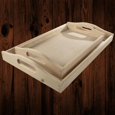 Woodeedoo Set Of 2 Nesting Wooden Trays With Curved Handles Unfinished Pine Medium & Large Serving Decorate Craft from B&Q