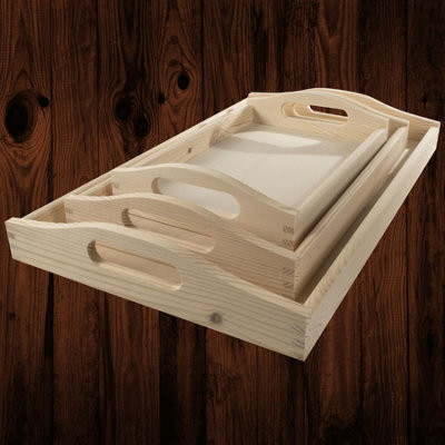 Woodeedoo Set Of 3 Nesting Wooden Trays With Curved Handles Unfinished Pine Small Medium Large Sizes For Serving Or Display from B&Q